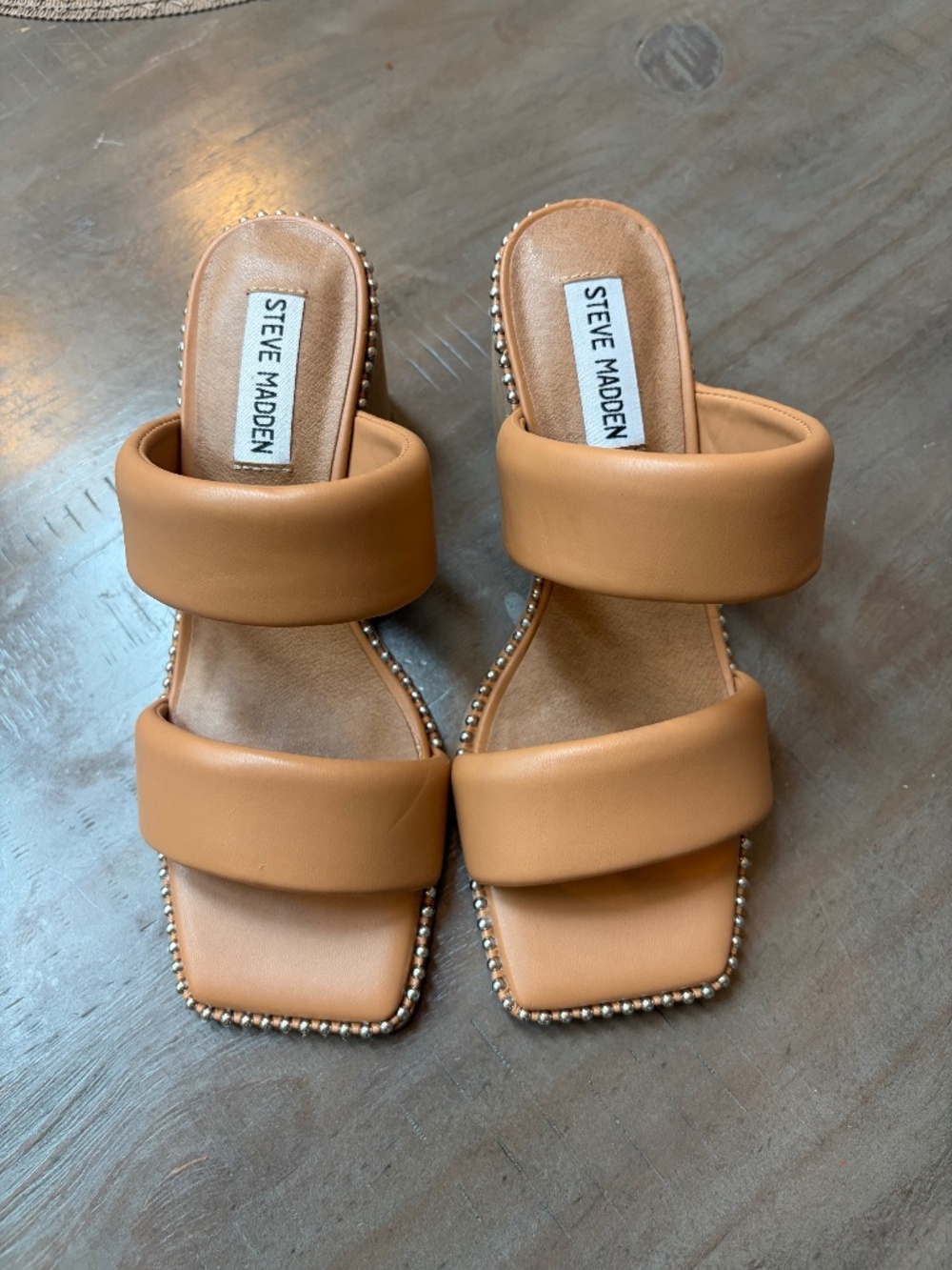 Steve Madden tan, padded double strap sandals.